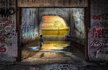 illustration of boy standing in abandoned building thumbnail