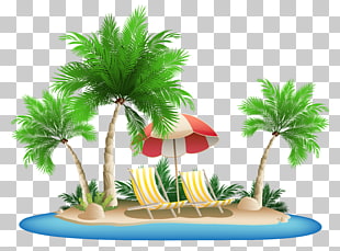 Palm Islands Hawaii , Beach Umbrella with Chairs and Palm Island , island illustration PNG clipart