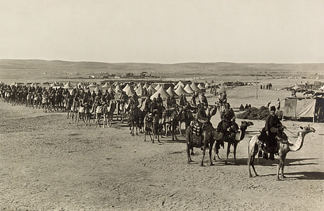 grayscale photo of people riding on camel thumbnail