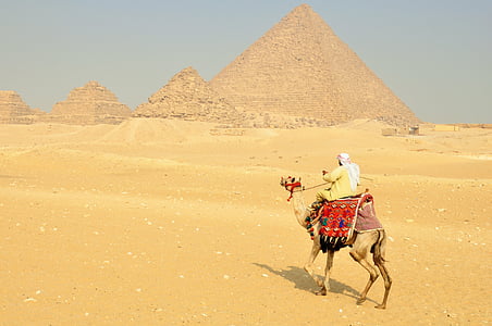 man riding camel near Pyramids of Giza in Egypt thumbnail