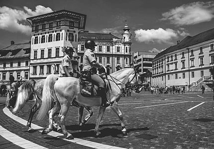 grayscale photo of two person riding on horses thumbnail