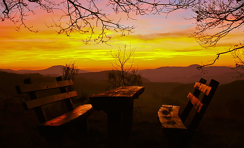 brown wooden 3-piece picnic set during sunset thumbnail