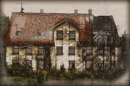 painting of white and red concrete 2-story house thumbnail