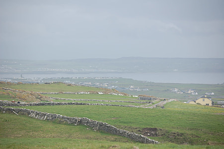 green grass field with houses near calm water thumbnail