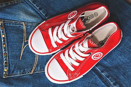 Denim and red shoes thumbnail