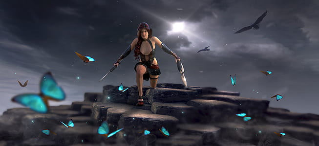 woman holding blade kneeling on rocks thumbnail