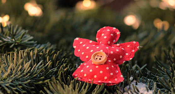 angel-shaped red and white polka-dot ornament on green surface thumbnail