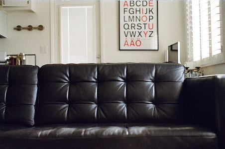 tufted black leather sofa in front of door thumbnail