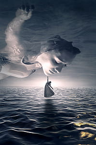 woman in gown figurine pointing at woman floating on water thumbnail