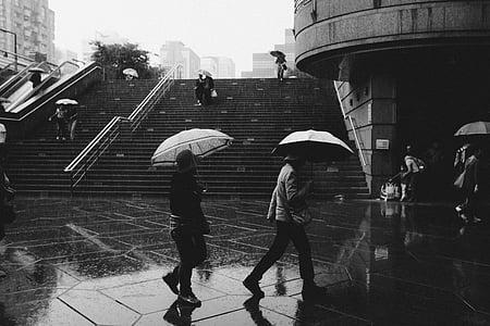 grey scale photography of people under umbrella thumbnail