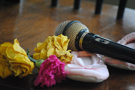 tilt photography of black microphone and flowers thumbnail