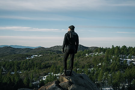 photo of man standing on rock with view of tall green leaf trees and mountains thumbnail