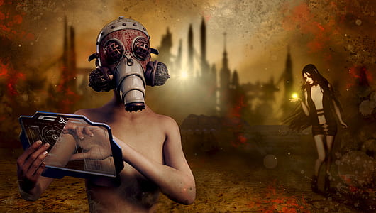 man wearing gas mask video game digital wallpaper thumbnail