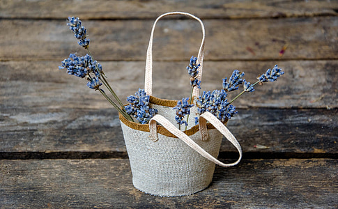 blue lavender flowers in white-and-brown tote bag thumbnail