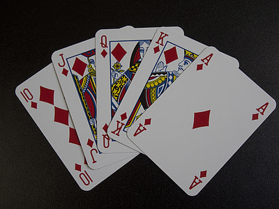 10, Jack, Queen, King and Ace of diamonds on black surface thumbnail