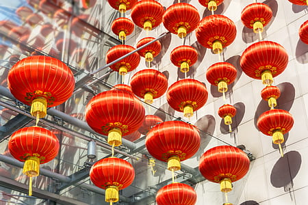 red lanterns hanged near glass wall thumbnail