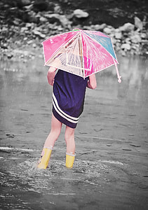 woman in purple dress holding pink and blue umbrella thumbnail