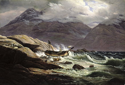 painting of ship beside shore thumbnail