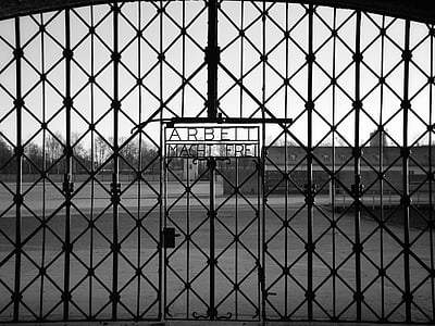 grayscale photo of Arbeit Macht Fre gate thumbnail