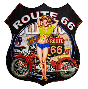 woman wearing yellow crop top and blue daisy duke near red chopper motorcycle Rout 66 illustration thumbnail