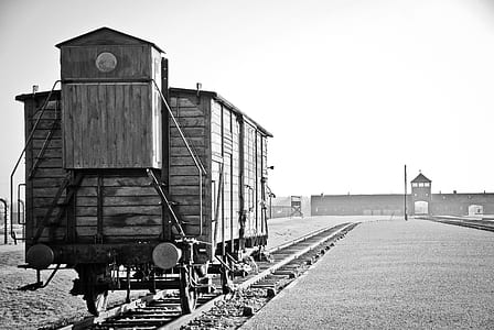 grayscale photography of train on railways thumbnail