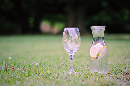 two clear footed wine glass and vase on green grass field thumbnail