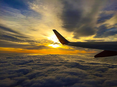 airliner in flight during golden hour thumbnail