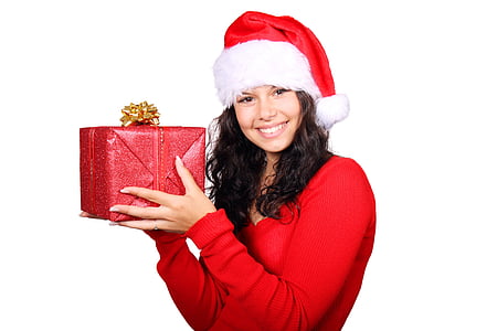 woman in Santa suit holding red box thumbnail