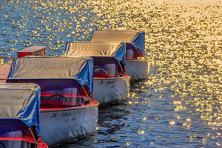 four boats parked near brown wooden dock thumbnail