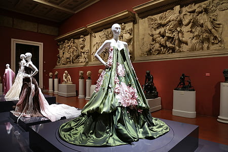 women's green and red floral dress in mannequin thumbnail