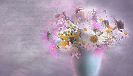 white and purple flower bouquet in white vase thumbnail