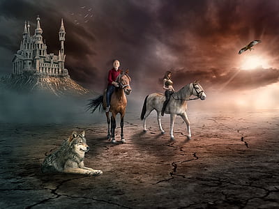 photo of man and woman on horses beside wolf and bird thumbnail