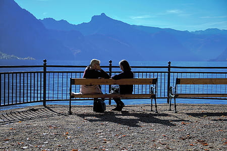 women seating on brown wooden bench thumbnail