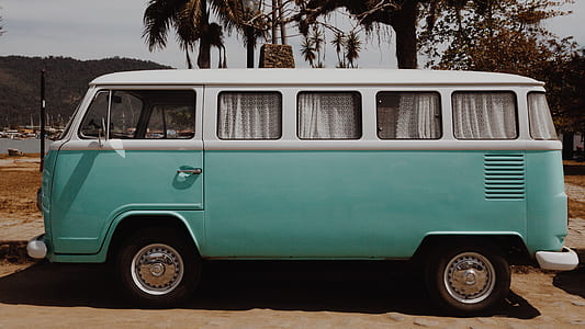 teal and white Volkswagen T2 parked beside tree at daytime thumbnail