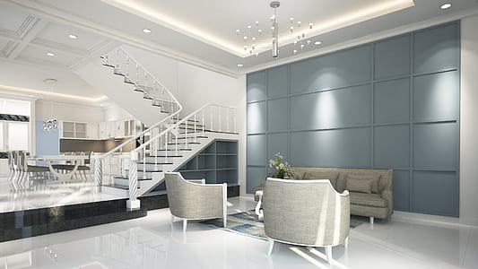 white wooden grey fabric padded sofa set near white stair inside room thumbnail