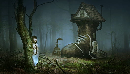 two girls near the boot house in the forest wallpaper thumbnail