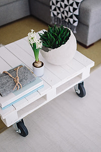 Small wooden table with a potted plant and a grey wallet thumbnail