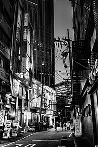 Grayscale Photo of Buildings and Roads at Night thumbnail