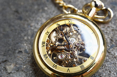 gold-colored skeleton pocket watch reading 7:50 time thumbnail