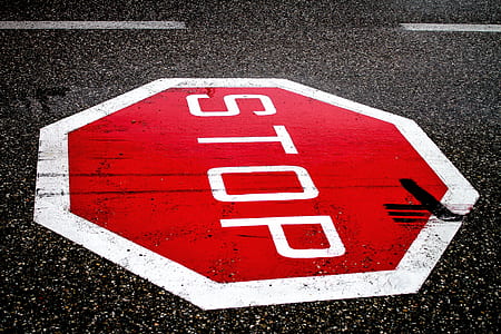 red and white stop signage on gray asphalt surface thumbnail