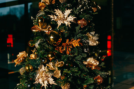 brown and gold-colored ornaments on green Christmas tree thumbnail