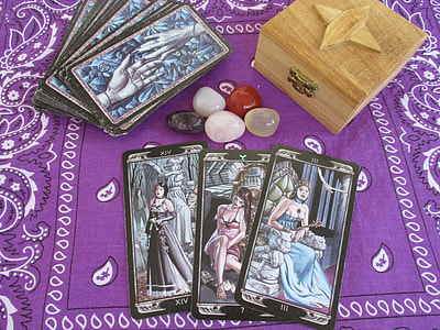 tarot cards, stone and box on purple scarf thumbnail