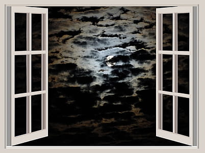 white opened window overlooking cloud covered full-moon painting thumbnail
