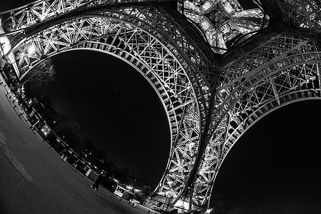 grayscale photo low angle photography of Eiffel Tower thumbnail