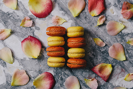 Overhead view of macarons on a marble slab thumbnail
