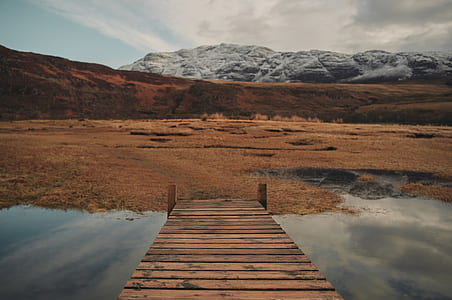 brown wooden dock near hill during daytime thumbnail