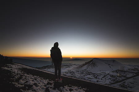 silhouette of a person on top of mountain during sunset thumbnail