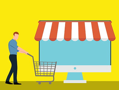 Electronic storefront concept illustration. Computer with awning, man pushing cart to online store. thumbnail