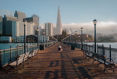 empty benches on brick floored pathway with overlooking skyscrapers at distance at day thumbnail