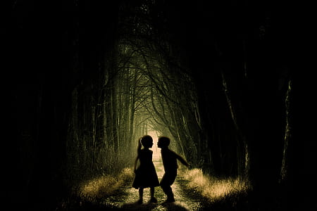 silhouette of girl and boy between trees thumbnail